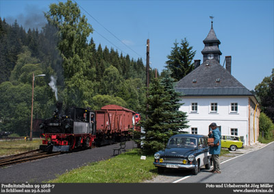 Zwei IV K mit Güterzügen auf der Preßnitztalbahn - Fotozug am 29.6.2018